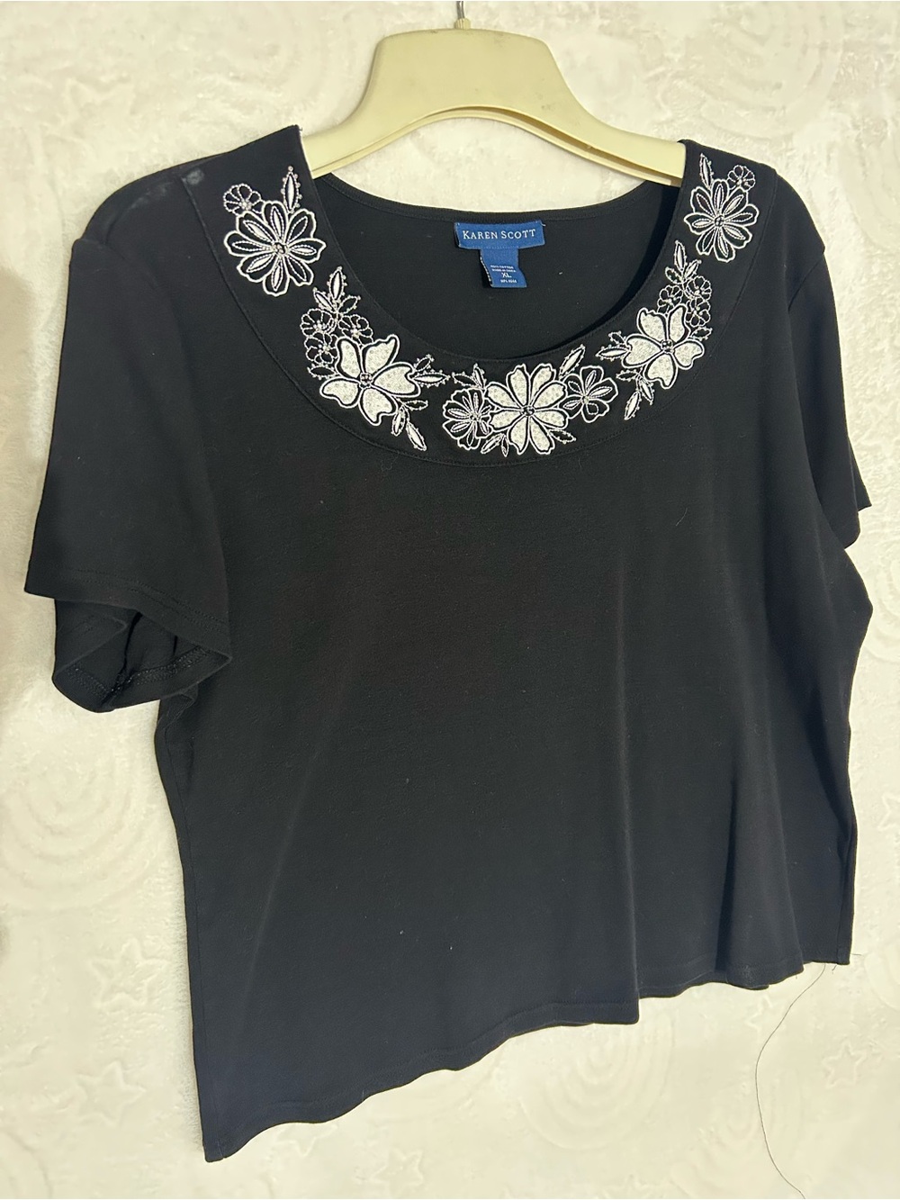 Vintage Karen Scott Black Short Sleeve Top with White Floral Neck Applique